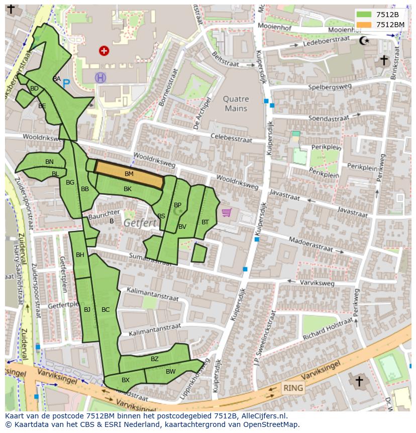 Afbeelding van het postcodegebied 7512 BM op de kaart.