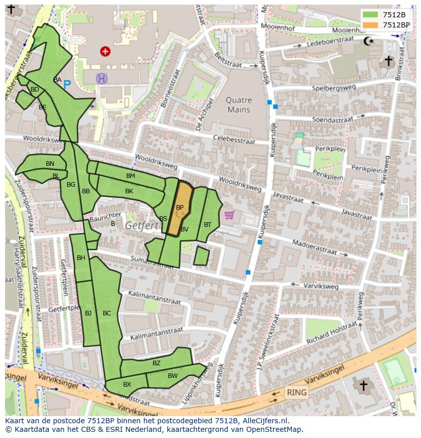 Afbeelding van het postcodegebied 7512 BP op de kaart.