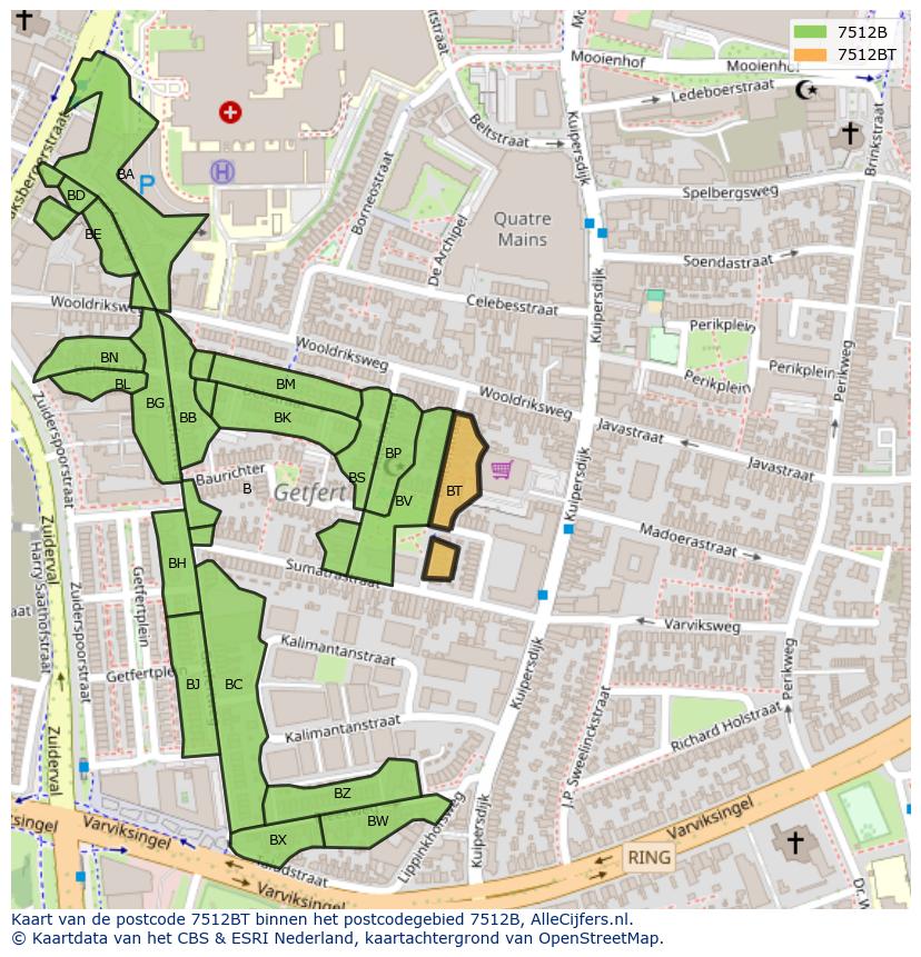 Afbeelding van het postcodegebied 7512 BT op de kaart.