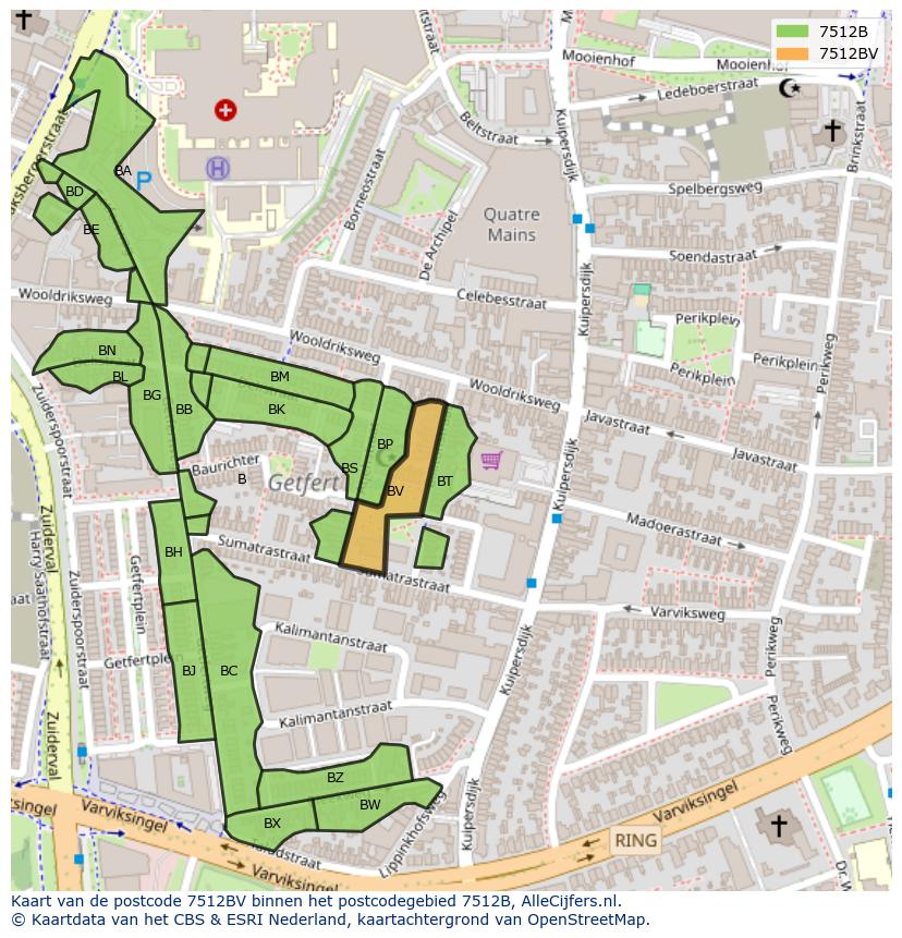 Afbeelding van het postcodegebied 7512 BV op de kaart.