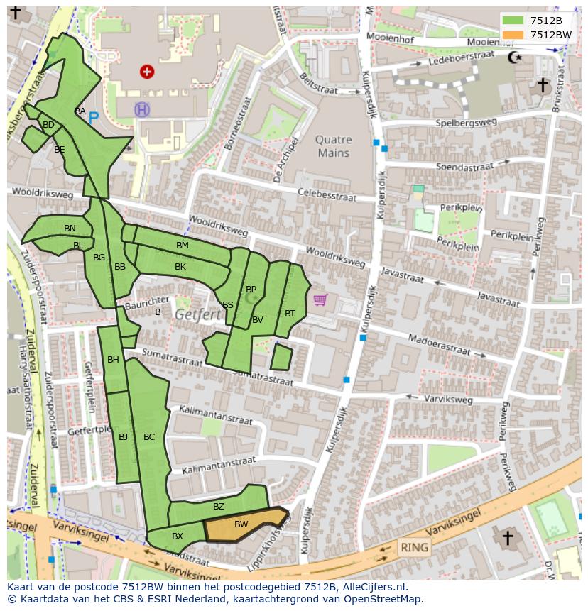 Afbeelding van het postcodegebied 7512 BW op de kaart.