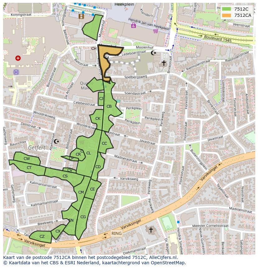 Afbeelding van het postcodegebied 7512 CA op de kaart.