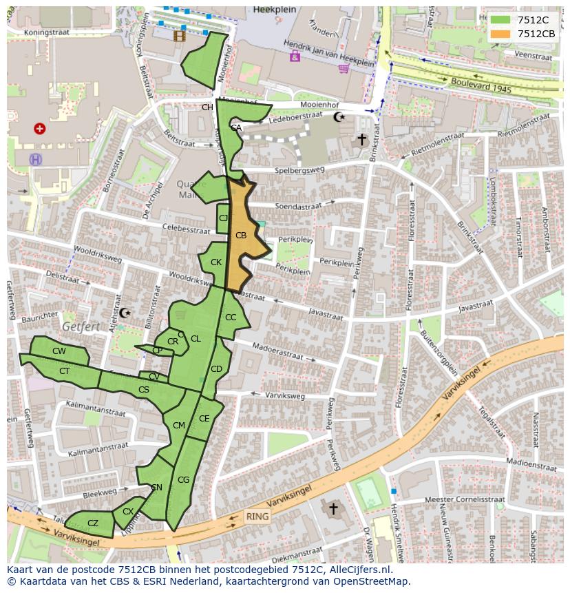 Afbeelding van het postcodegebied 7512 CB op de kaart.