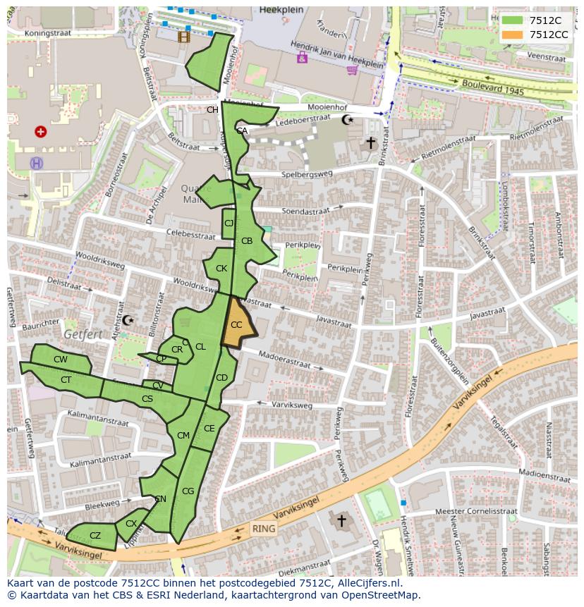 Afbeelding van het postcodegebied 7512 CC op de kaart.