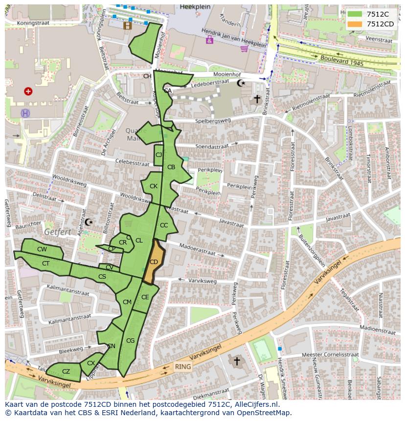 Afbeelding van het postcodegebied 7512 CD op de kaart.