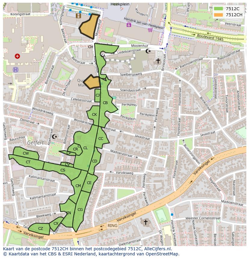 Afbeelding van het postcodegebied 7512 CH op de kaart.