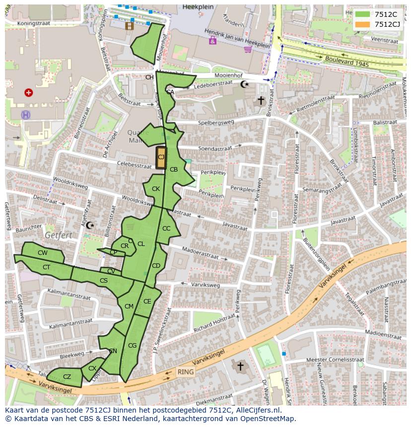 Afbeelding van het postcodegebied 7512 CJ op de kaart.