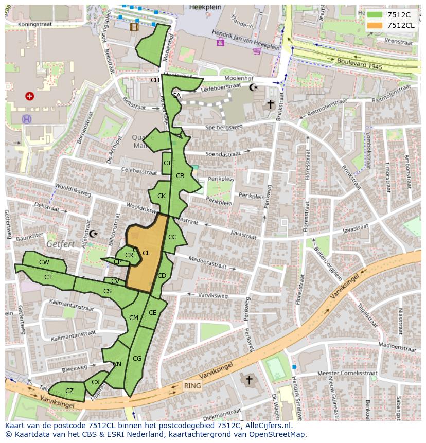 Afbeelding van het postcodegebied 7512 CL op de kaart.