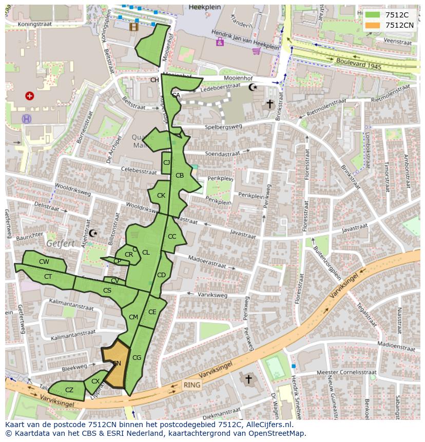 Afbeelding van het postcodegebied 7512 CN op de kaart.