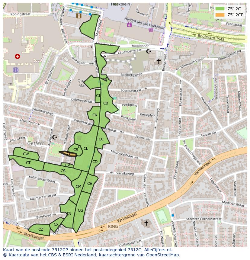 Afbeelding van het postcodegebied 7512 CP op de kaart.