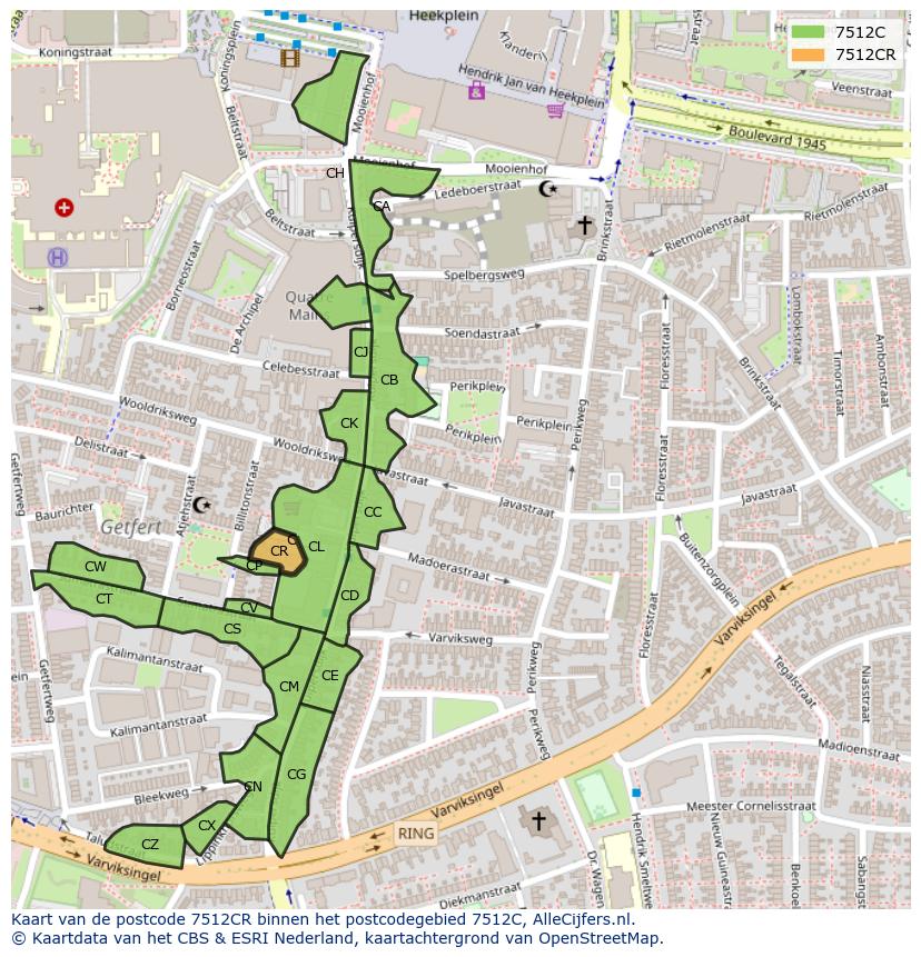 Afbeelding van het postcodegebied 7512 CR op de kaart.