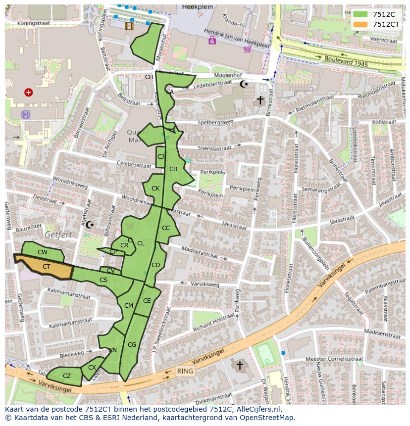 Afbeelding van het postcodegebied 7512 CT op de kaart.