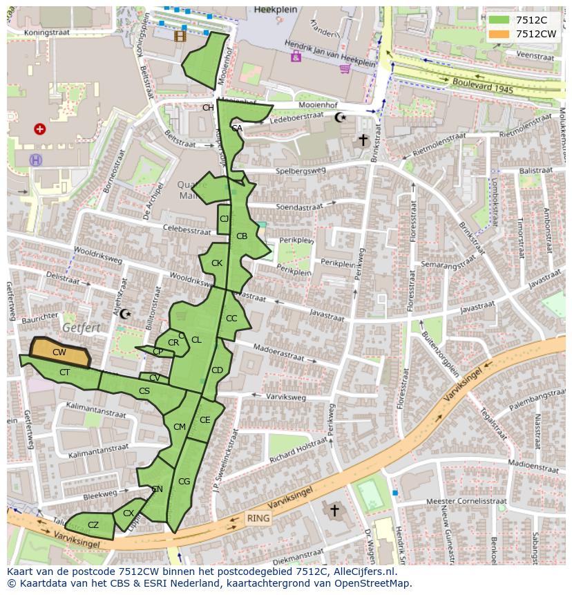 Afbeelding van het postcodegebied 7512 CW op de kaart.