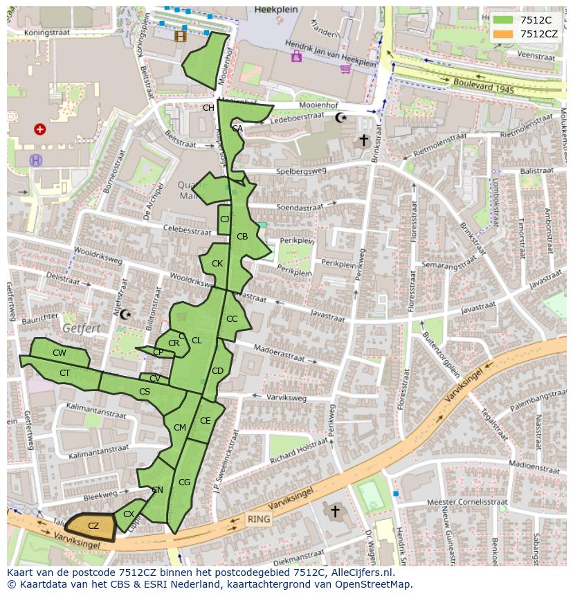 Afbeelding van het postcodegebied 7512 CZ op de kaart.