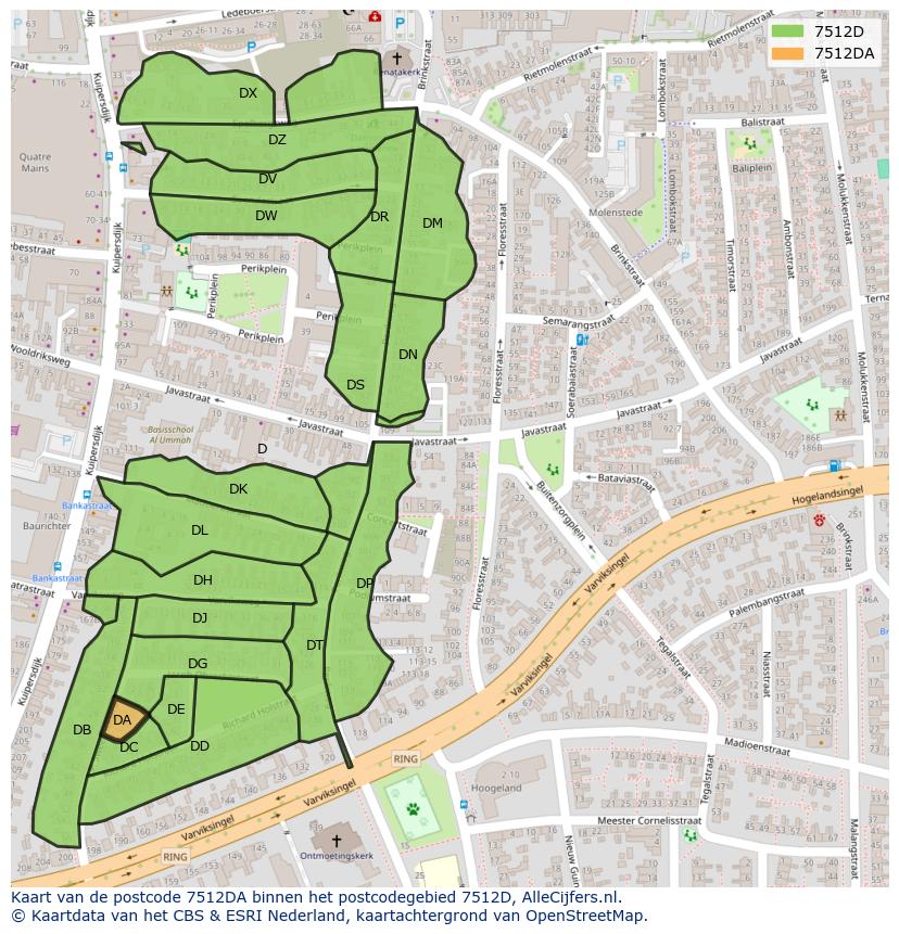Afbeelding van het postcodegebied 7512 DA op de kaart.