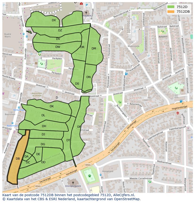 Afbeelding van het postcodegebied 7512 DB op de kaart.