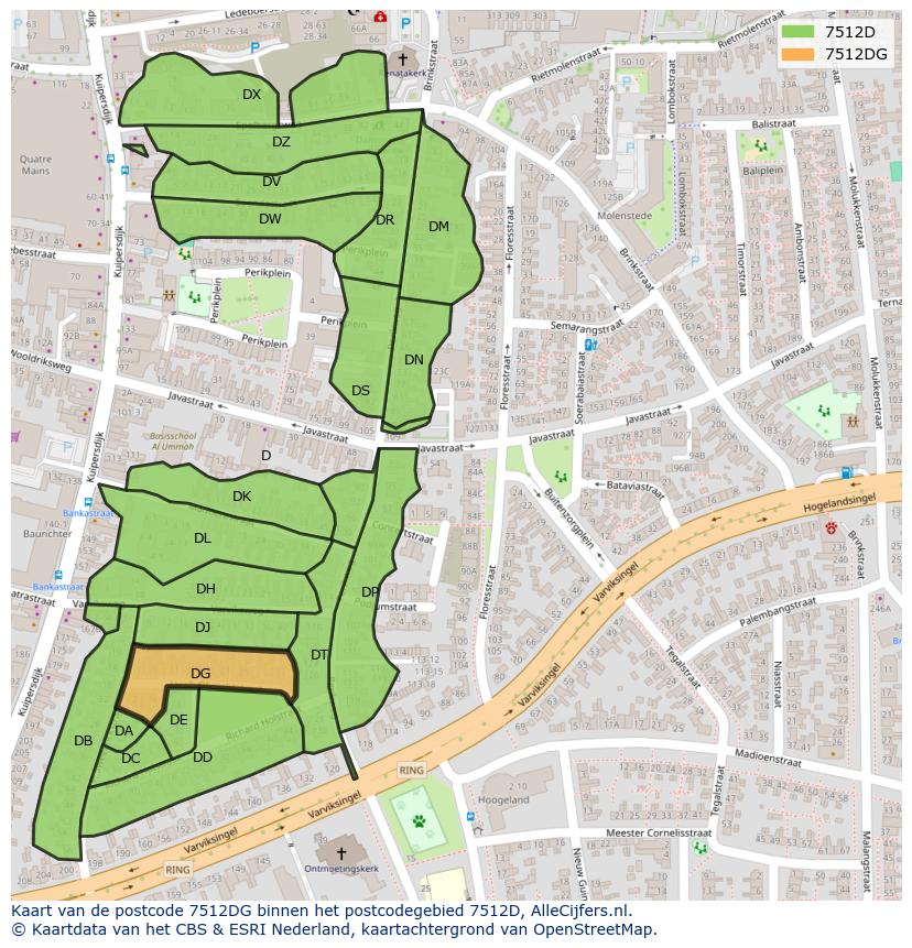 Afbeelding van het postcodegebied 7512 DG op de kaart.
