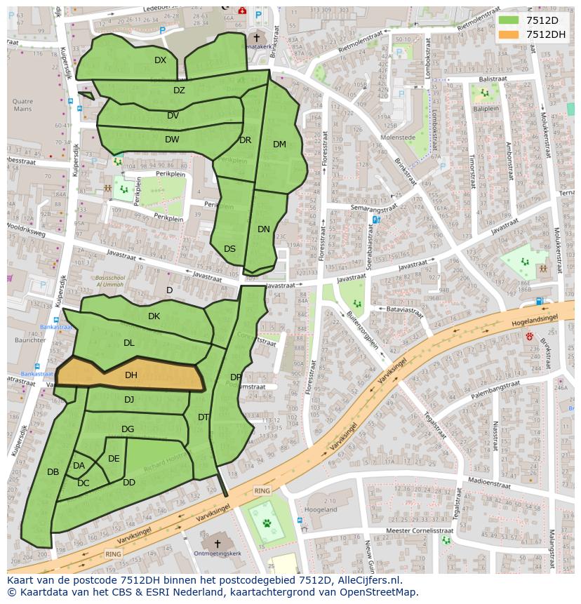 Afbeelding van het postcodegebied 7512 DH op de kaart.