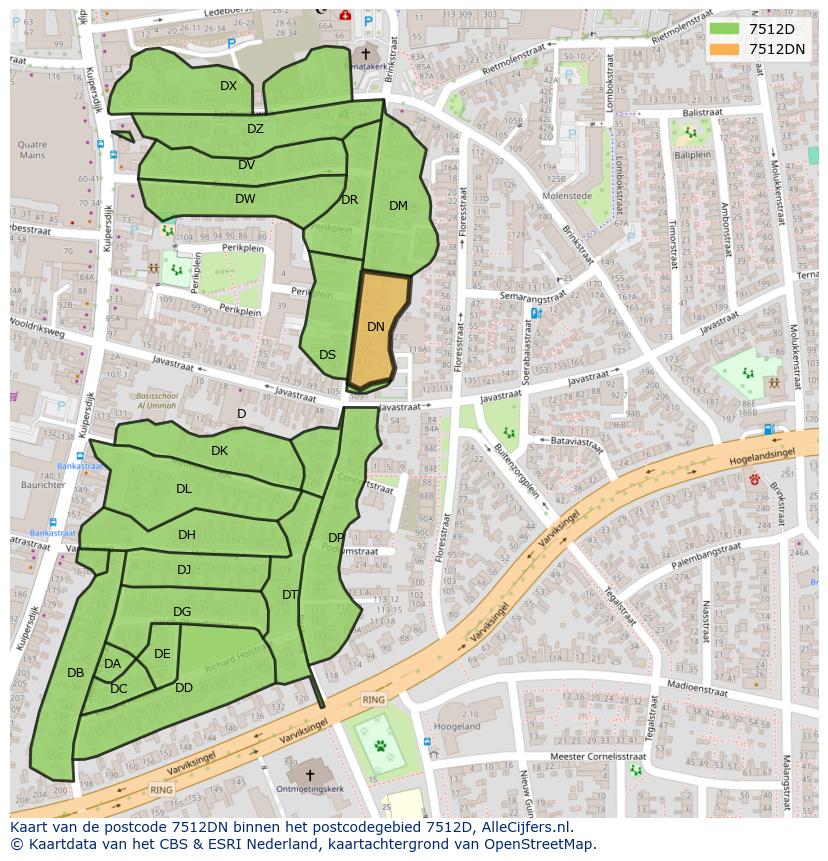 Afbeelding van het postcodegebied 7512 DN op de kaart.