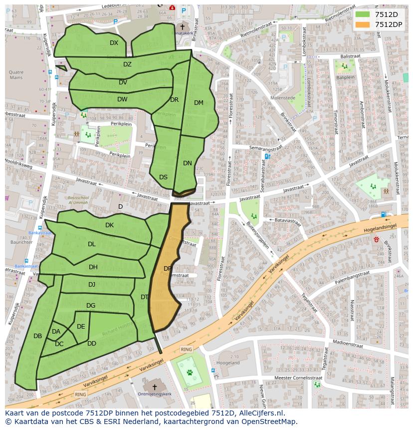 Afbeelding van het postcodegebied 7512 DP op de kaart.