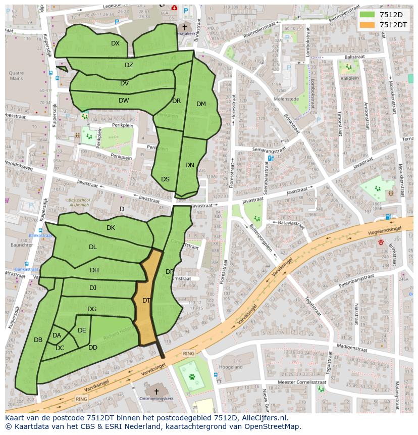 Afbeelding van het postcodegebied 7512 DT op de kaart.
