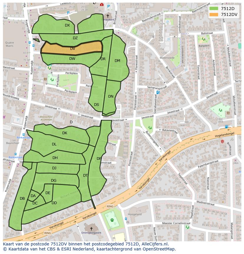 Afbeelding van het postcodegebied 7512 DV op de kaart.