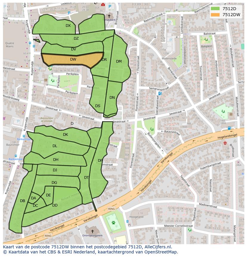 Afbeelding van het postcodegebied 7512 DW op de kaart.