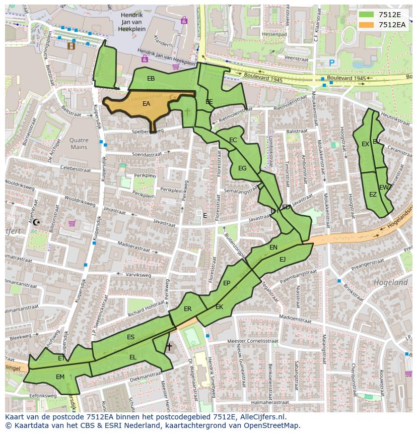 Afbeelding van het postcodegebied 7512 EA op de kaart.