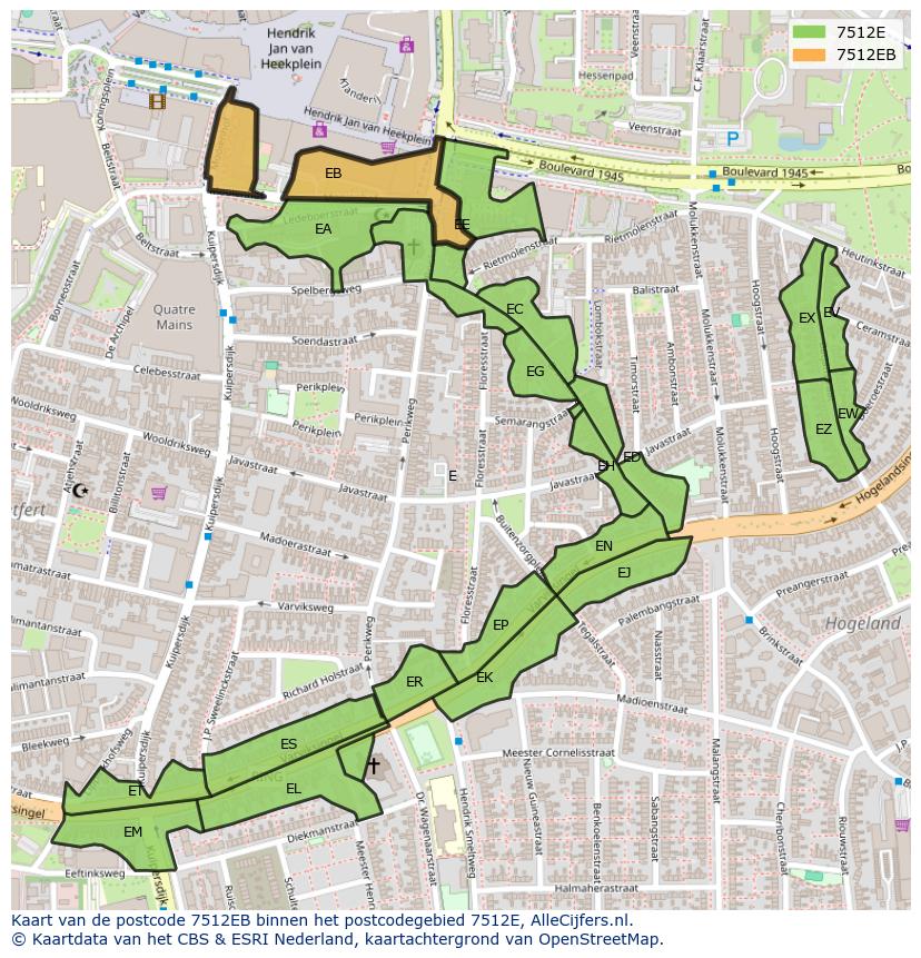 Afbeelding van het postcodegebied 7512 EB op de kaart.