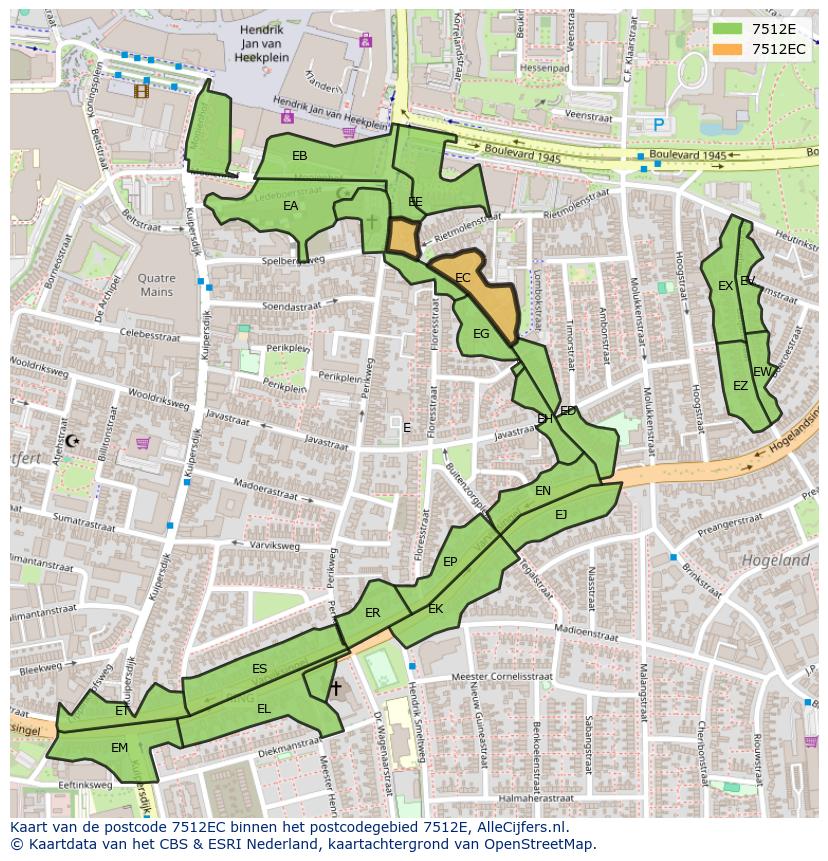 Afbeelding van het postcodegebied 7512 EC op de kaart.