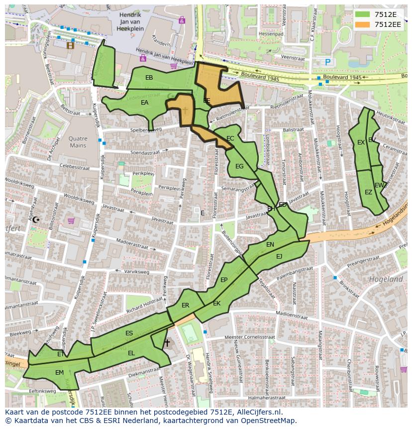Afbeelding van het postcodegebied 7512 EE op de kaart.