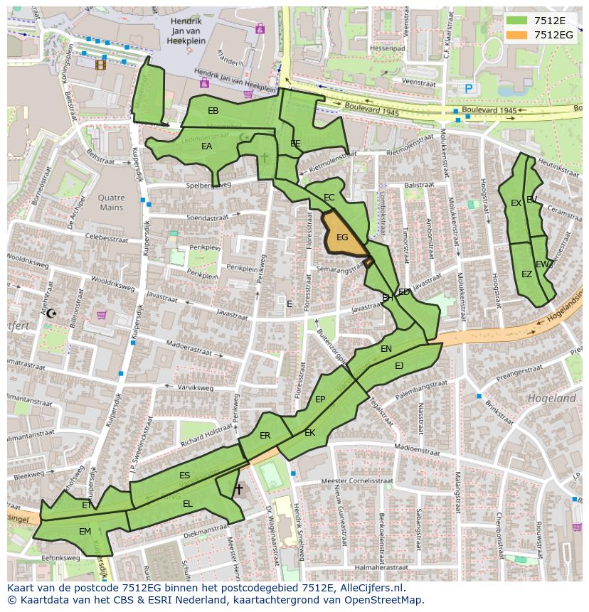 Afbeelding van het postcodegebied 7512 EG op de kaart.