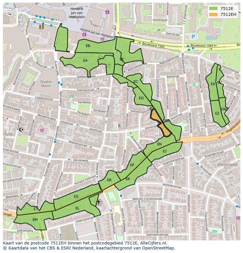 Afbeelding van het postcodegebied 7512 EH op de kaart.