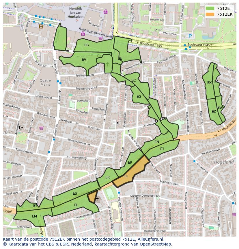 Afbeelding van het postcodegebied 7512 EK op de kaart.