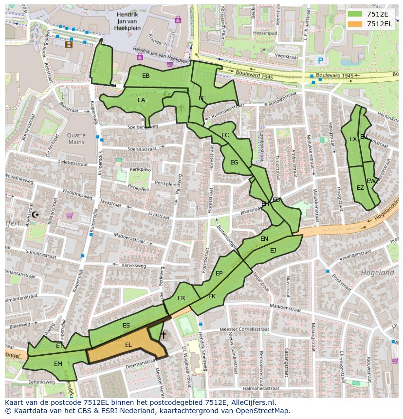 Afbeelding van het postcodegebied 7512 EL op de kaart.