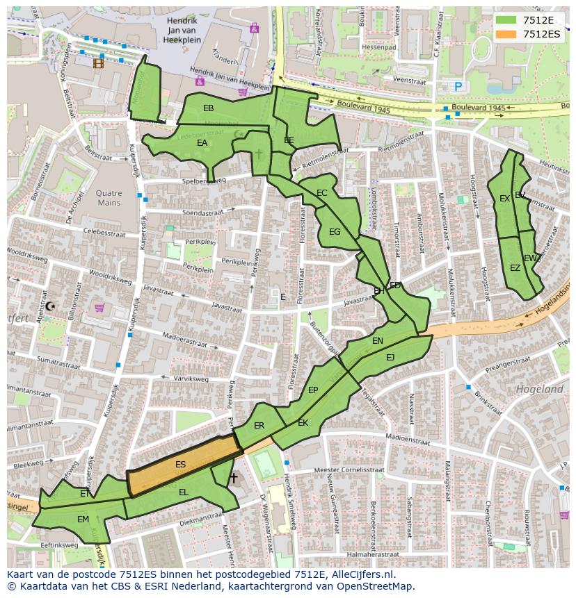 Afbeelding van het postcodegebied 7512 ES op de kaart.