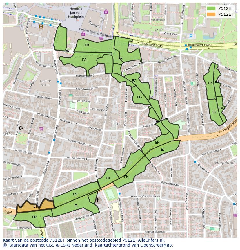 Afbeelding van het postcodegebied 7512 ET op de kaart.
