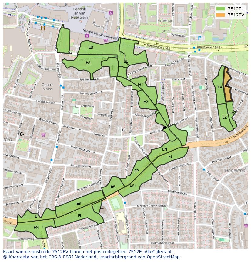 Afbeelding van het postcodegebied 7512 EV op de kaart.