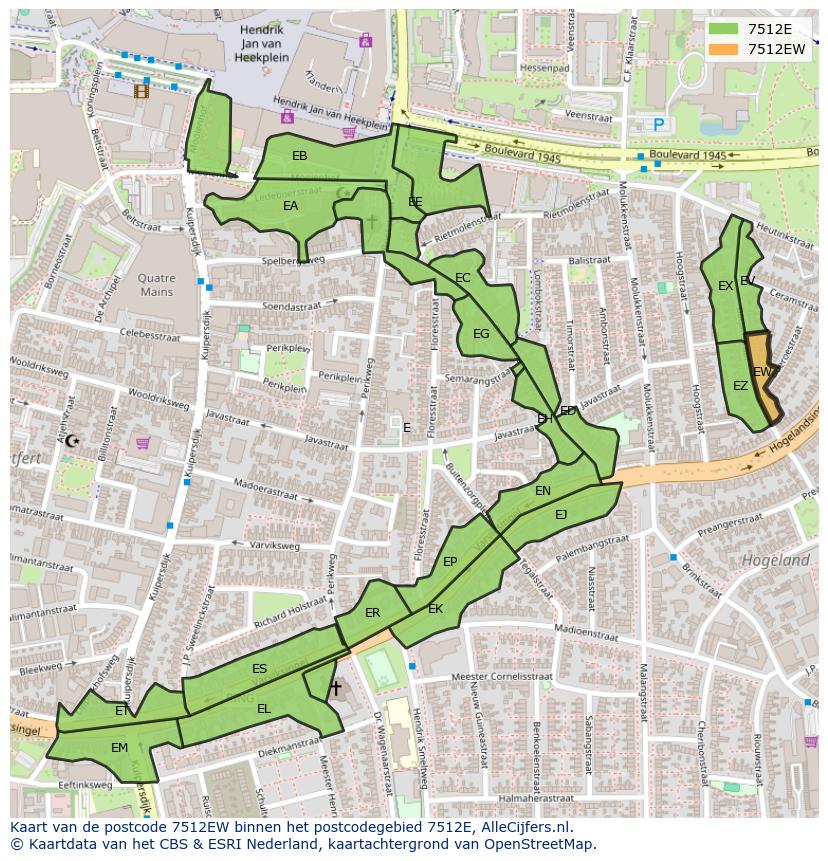 Afbeelding van het postcodegebied 7512 EW op de kaart.