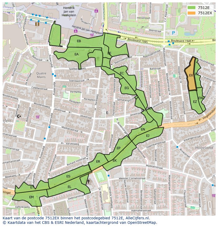 Afbeelding van het postcodegebied 7512 EX op de kaart.