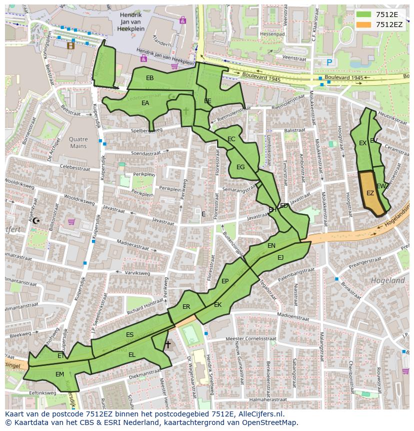 Afbeelding van het postcodegebied 7512 EZ op de kaart.
