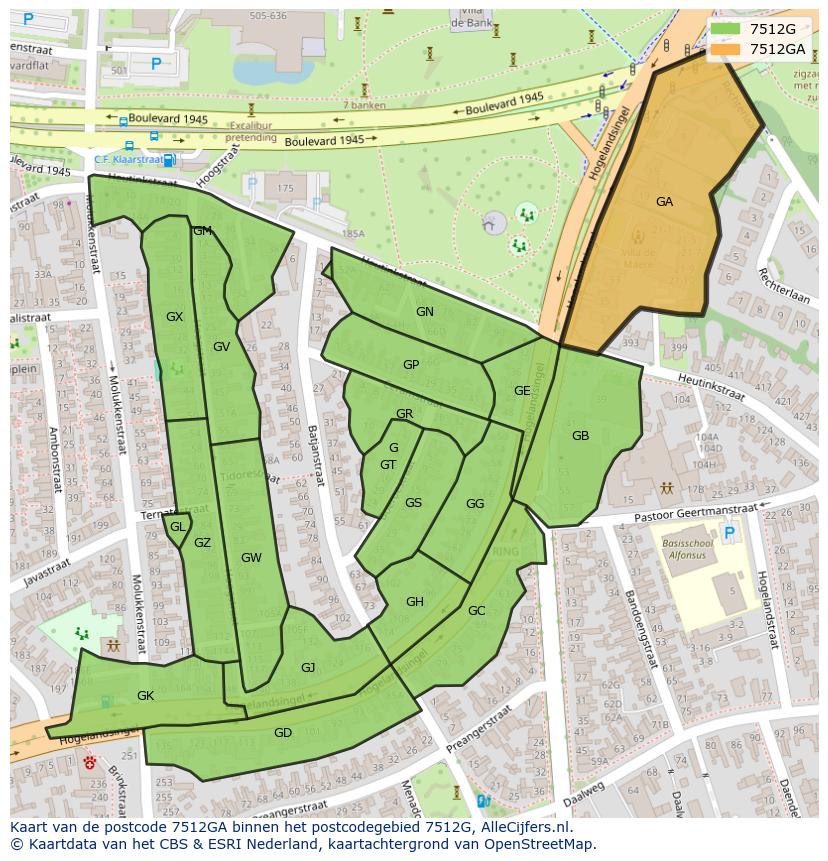 Afbeelding van het postcodegebied 7512 GA op de kaart.