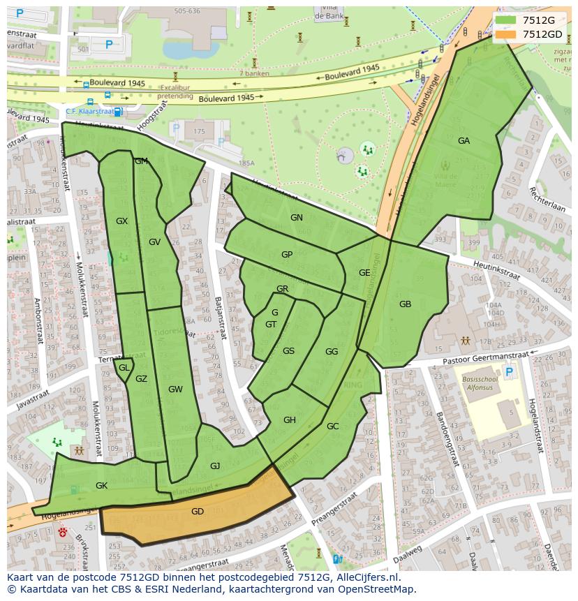 Afbeelding van het postcodegebied 7512 GD op de kaart.
