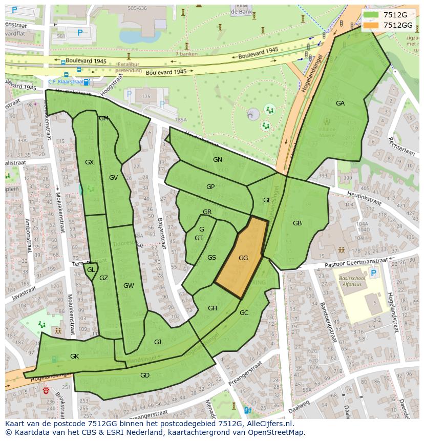 Afbeelding van het postcodegebied 7512 GG op de kaart.