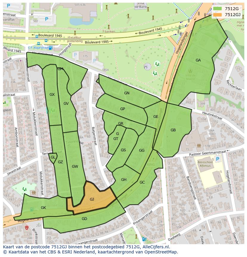 Afbeelding van het postcodegebied 7512 GJ op de kaart.