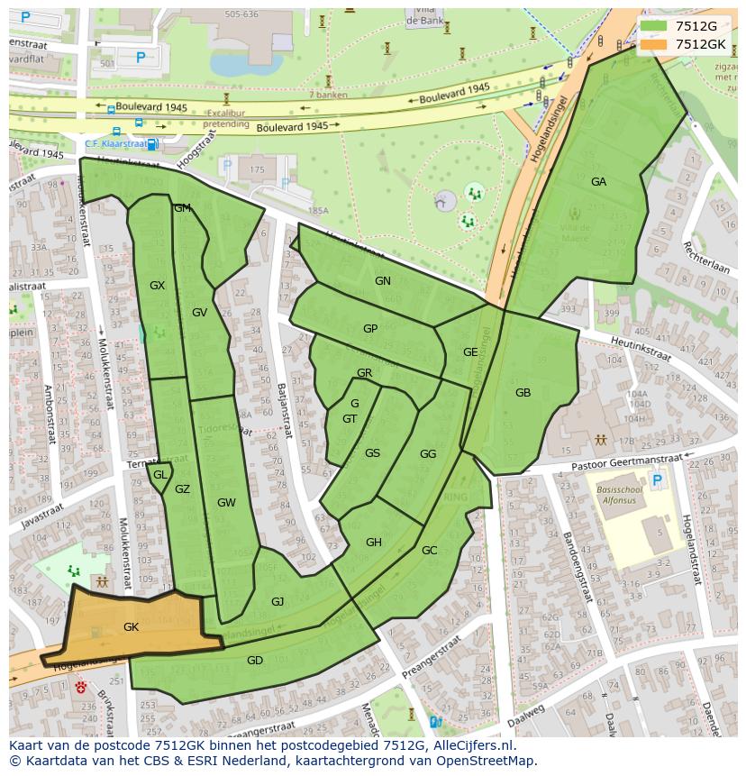 Afbeelding van het postcodegebied 7512 GK op de kaart.