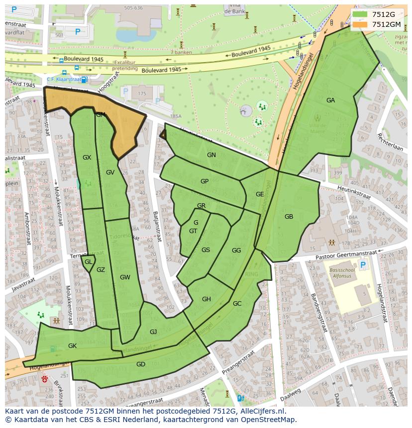 Afbeelding van het postcodegebied 7512 GM op de kaart.