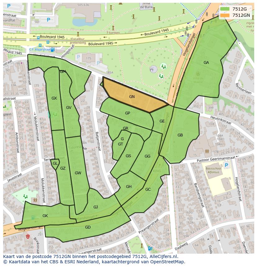Afbeelding van het postcodegebied 7512 GN op de kaart.