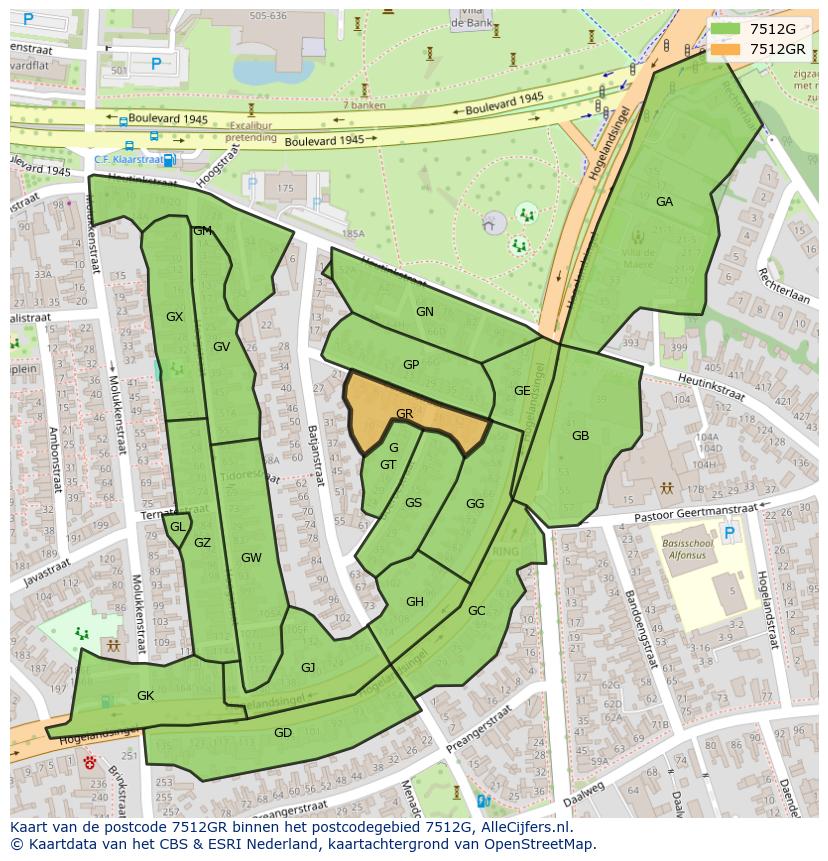 Afbeelding van het postcodegebied 7512 GR op de kaart.