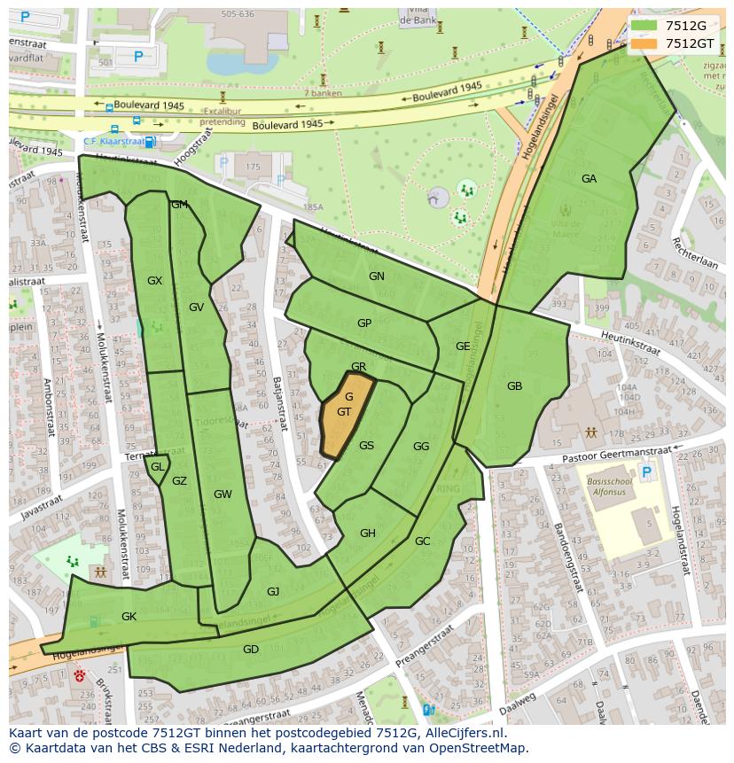 Afbeelding van het postcodegebied 7512 GT op de kaart.